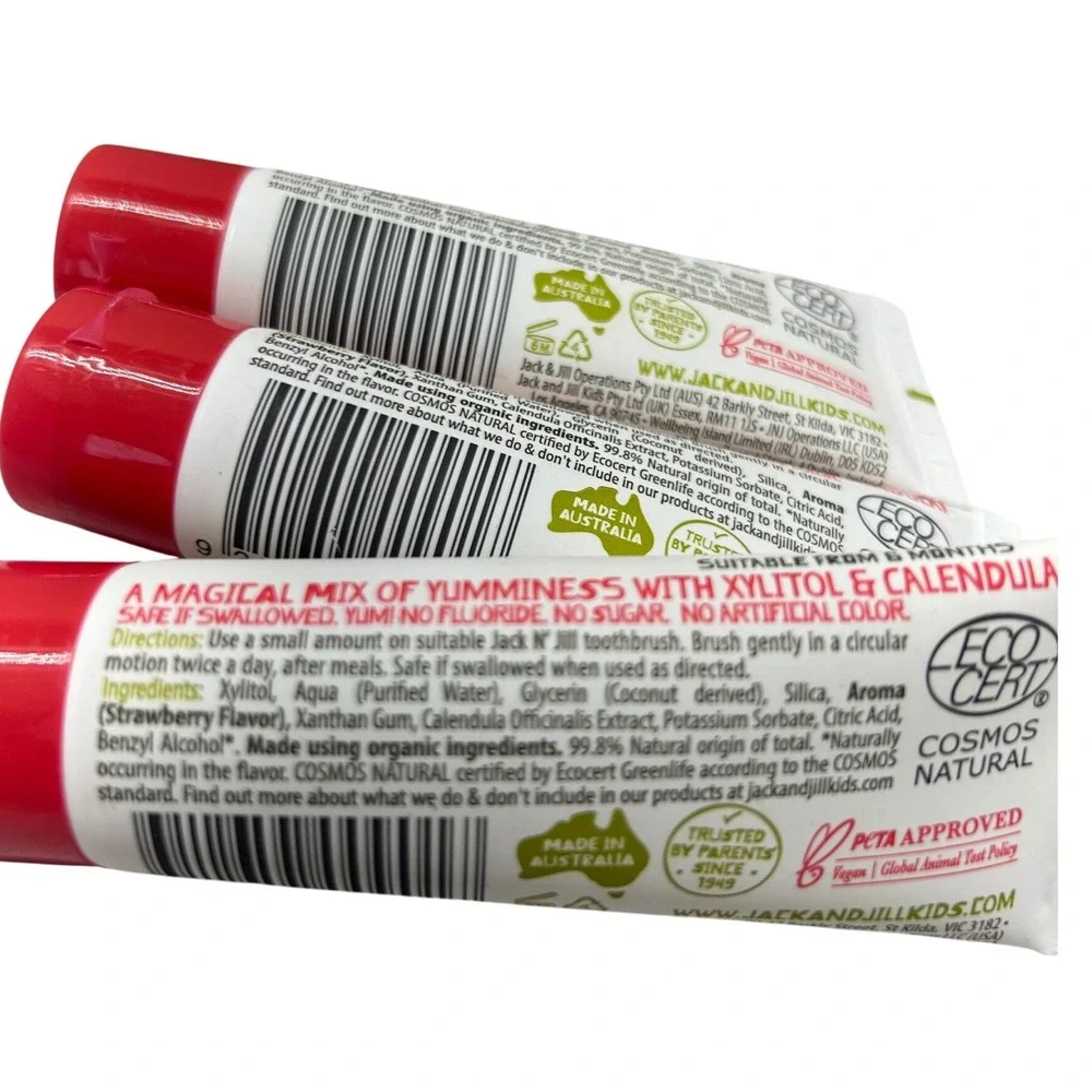 3pk Jack N' Jill Kids Natural Strawberry Toothpaste Fluoride Free 1.76oz 50g Ech